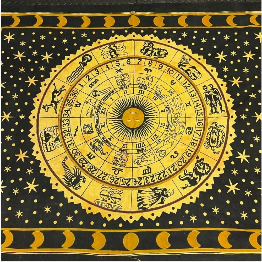 Astrology Zodiac Tapestry Wall Art Moon Phase Indian Cotton Black Yellow Vintage